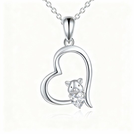 Collar con colgante de cerdo y corazón de circonita cúbica talla corazón en oro blanco de 10 quilates