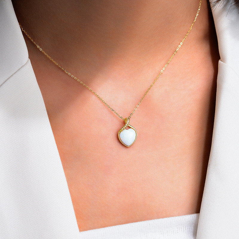 Collar con colgante de corazón de oro de 10 quilates, diamante y ópalo para mujer-2