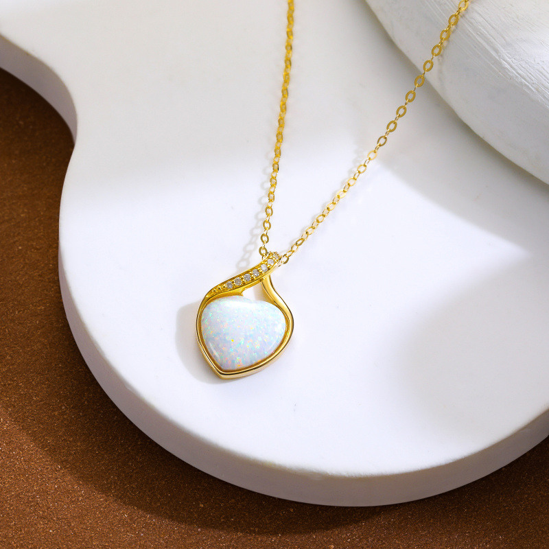 Collar con colgante de corazón de oro de 10 quilates, diamante y ópalo para mujer-4