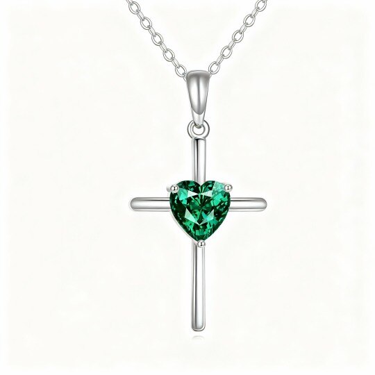 10K White Gold Heart Cut Emerald Cross Pendant Necklace