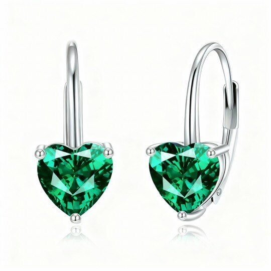 14K White Gold Heart Cut Emerald Heart Lever-back Earrings