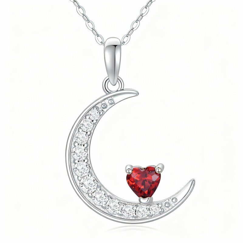 10K White Gold Heart Cut Garnet Heart & Moon Pendant Necklace-18