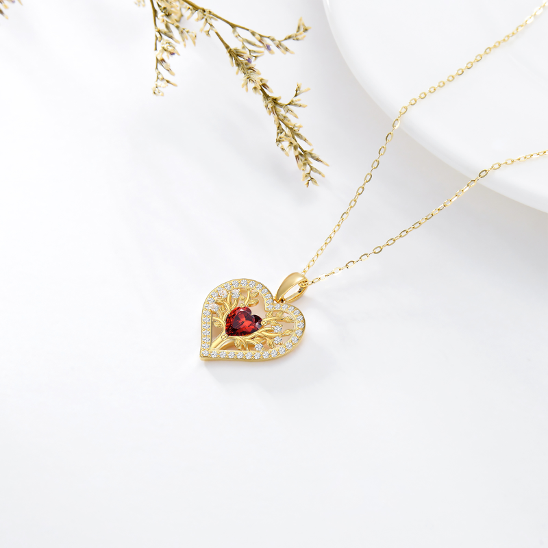 Collar con colgante de corazón de granate en oro amarillo de 14 quilates para mujer-4