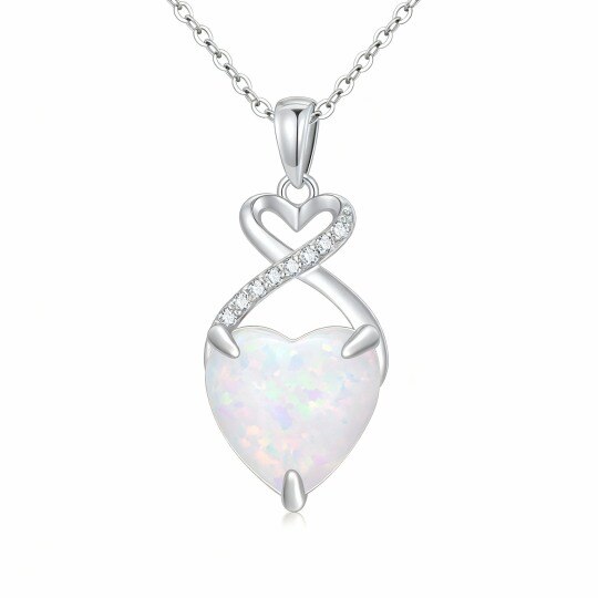 10Kホワイトゴールド ハートカット ラボクリエイトダイヤモンド＆オパール ハートペンダントネックレス