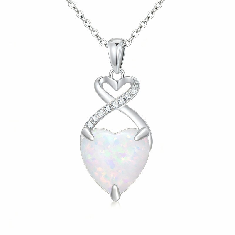 Collier pendentif cœur en platine plaqué or blanc avec diamant de laboratoire taille cœur et opale-1