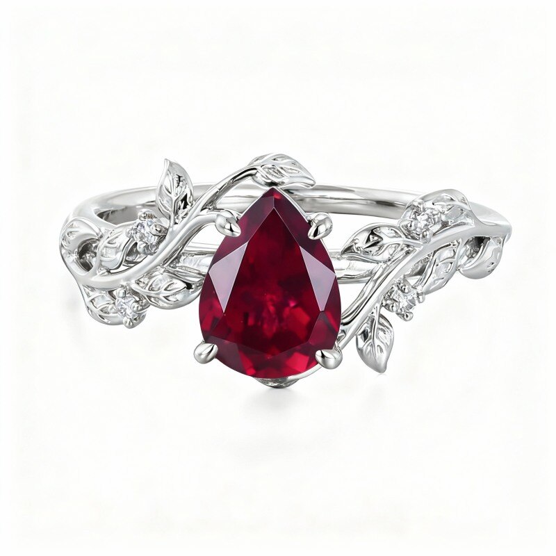 Anillo de oro blanco de 10 quilates con corte de corazón y hojas-16
