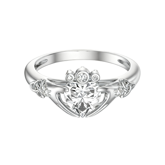 Anel de Noivado Claddagh em Ouro Branco 10K com Moissanita Lapidada em Forma de Coração