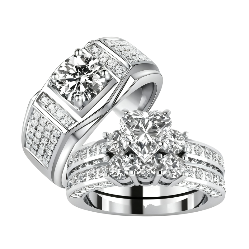 Anillos de pareja de moissanita talla corazón en oro blanco de 10 quilates-5