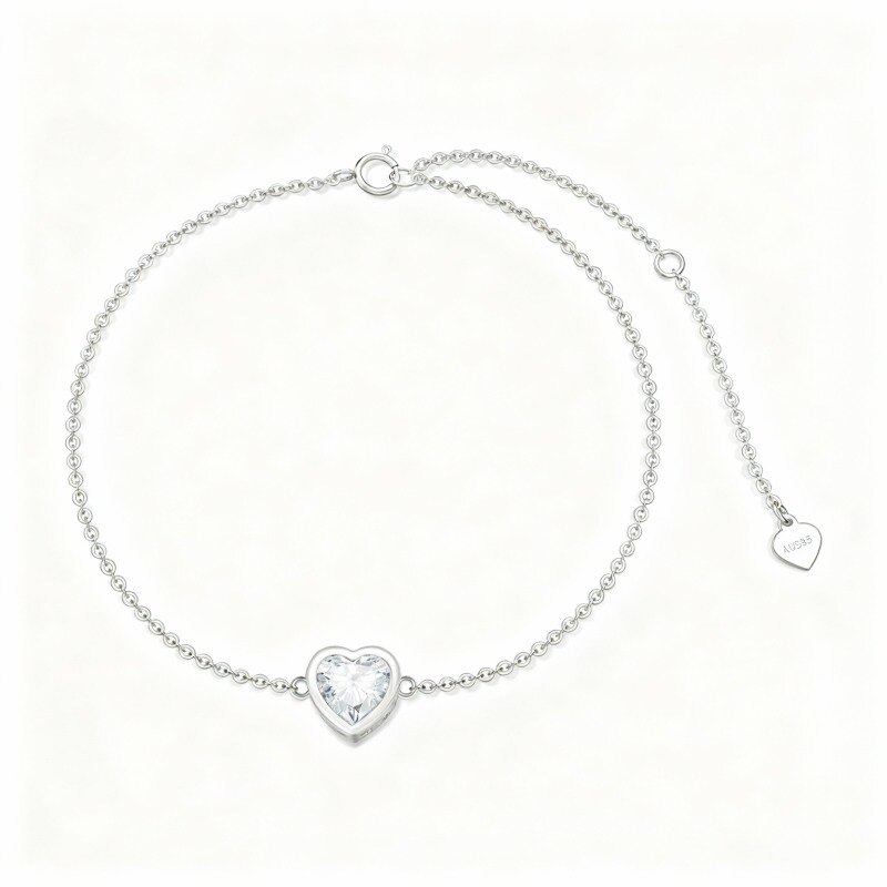 Pulsera de oro blanco de 14 quilates con dije de corazón de moissanita talla corazón-1