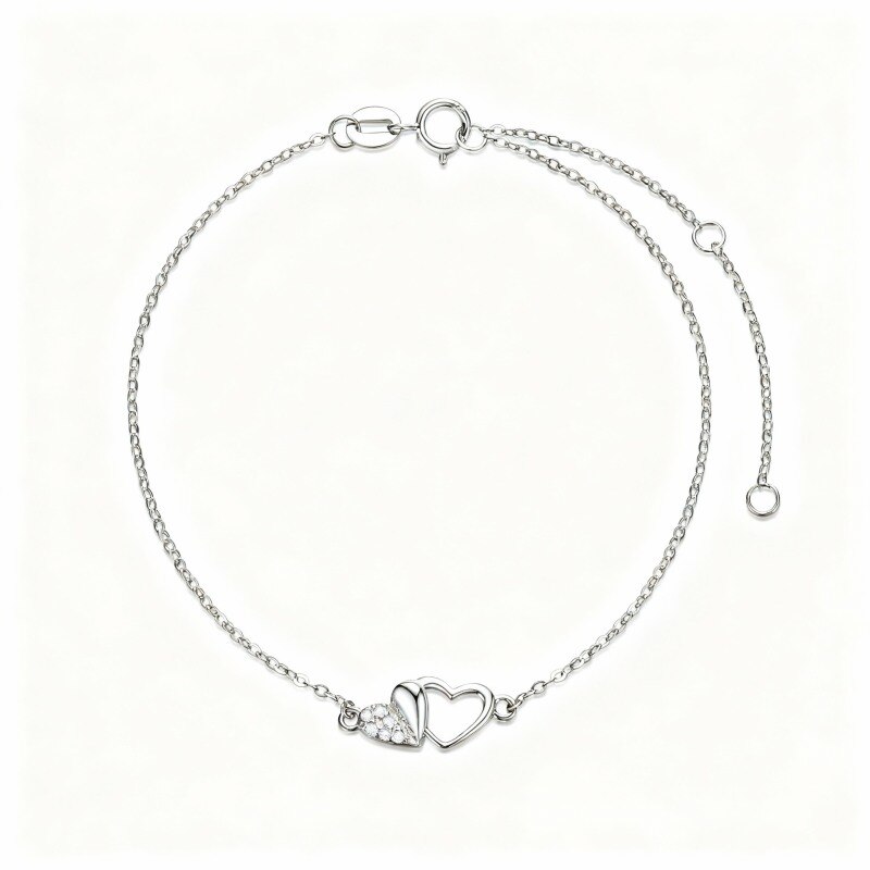 Pulsera de platino con baño de oro blanco y moissanita talla corazón con dije de corazón-1