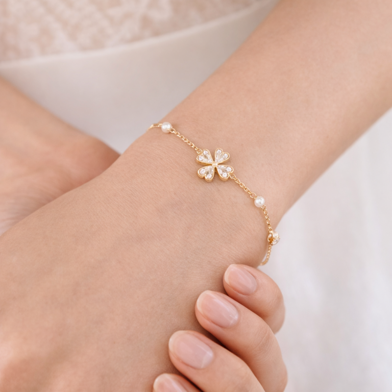 18K Gold Moissanite & Pearl Four Leaf Clover Charm Bracelet-2