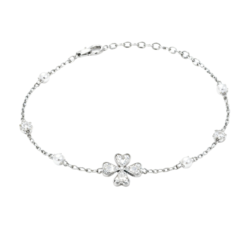 Pulsera con dije de trébol de cuatro hojas, moissanita talla corazón y perla en oro blanco de 10 quilates-1