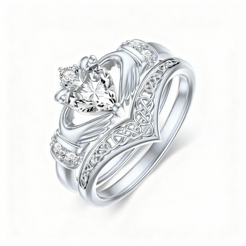Anillo apilable de oro blanco de 10 quilates con moissanita talla corazón y grabado personalizado-3