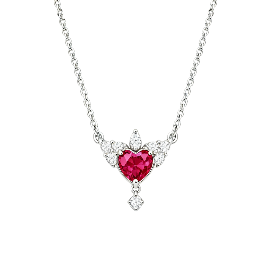 10K White Gold Heart Cut Moissanite & Ruby Heart Pendant Necklace