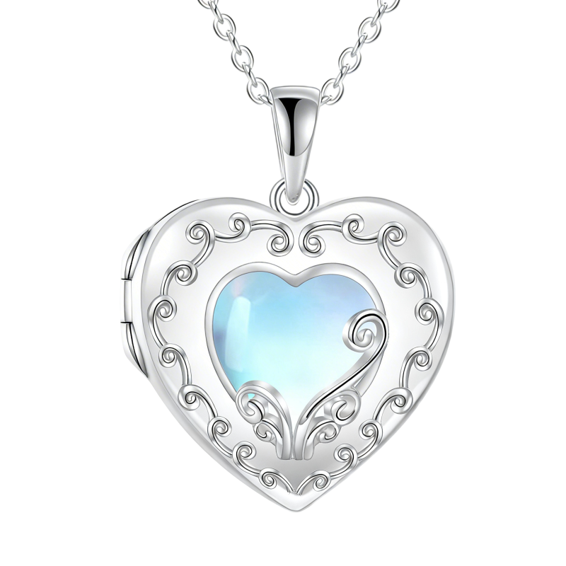 Collar con medallón fotográfico personalizado de platino con baño de oro blanco y piedra lunar tallada en forma de corazón con palabra grabada.-17