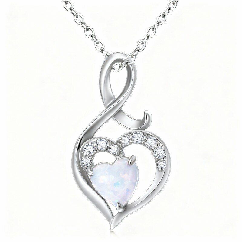 10K White Gold Heart Cut Opal Heart & Infinity Symbol Pendant Necklace-16