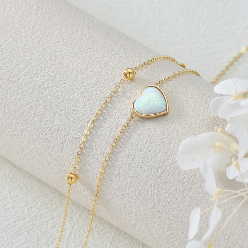 Bracelet de cheville multicouche en or jaune 18 carats avec opale en forme de cœur pour femme-2