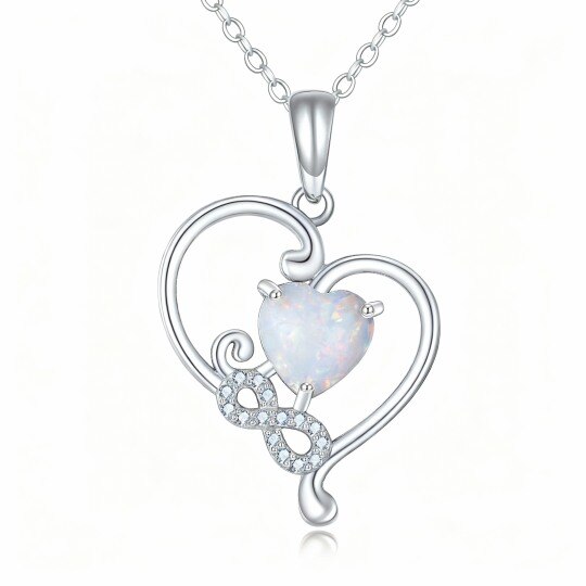10K White Gold Heart Cut Opal Heart With Heart & Infinity Symbol Pendant Necklace