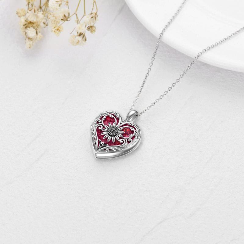 Collier médaillon photo personnalisé en argent sterling avec opale rouge, tournesol et cœur, gravé et orné d'une opale rouge.-4