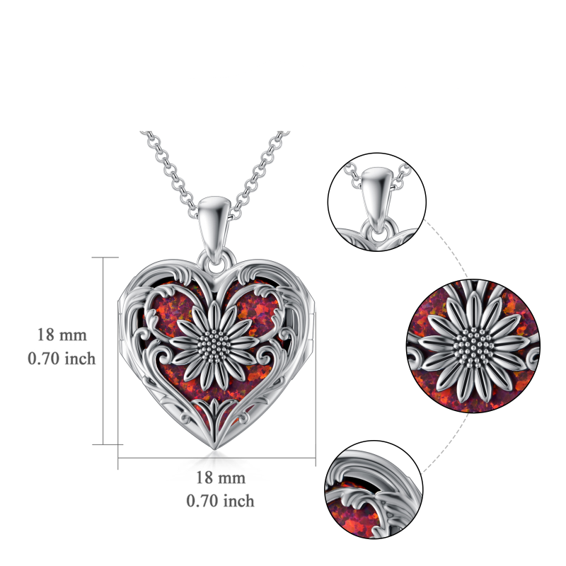Collier médaillon photo personnalisé en argent sterling avec opale rouge, tournesol et cœur, gravé et orné d'une opale rouge.-7