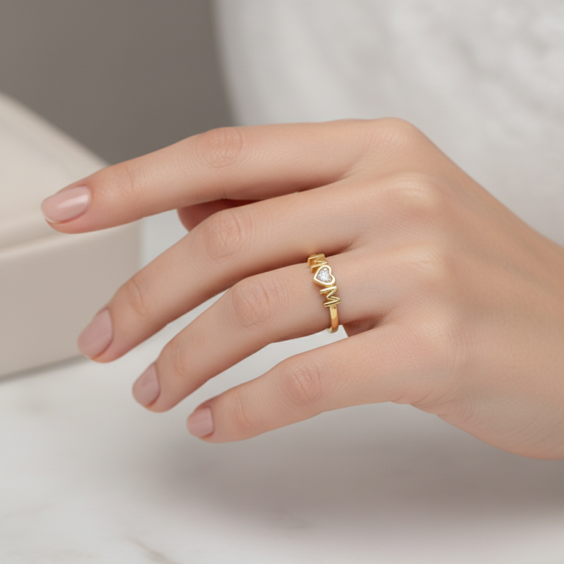18K White Gold Heart Cut Personalized Birthstone & Engravable Birthstone Ring with Engraved Word-2