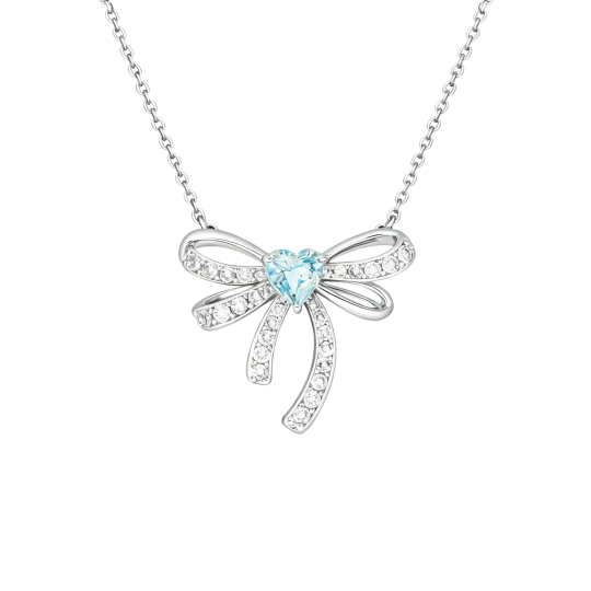 10K White Gold Heart Cut Topaz Bow & Heart Pendant Necklace
