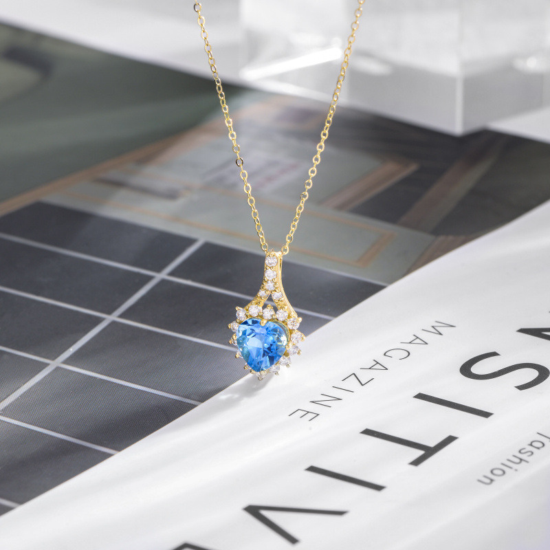 10K Gold Heart Shaped Halo Topaz Drop Pendant Necklace-3