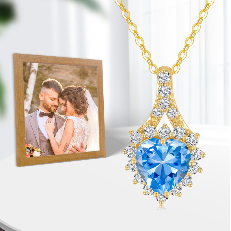 10K Gold Heart Shaped Halo Topaz Drop Pendant Necklace-5