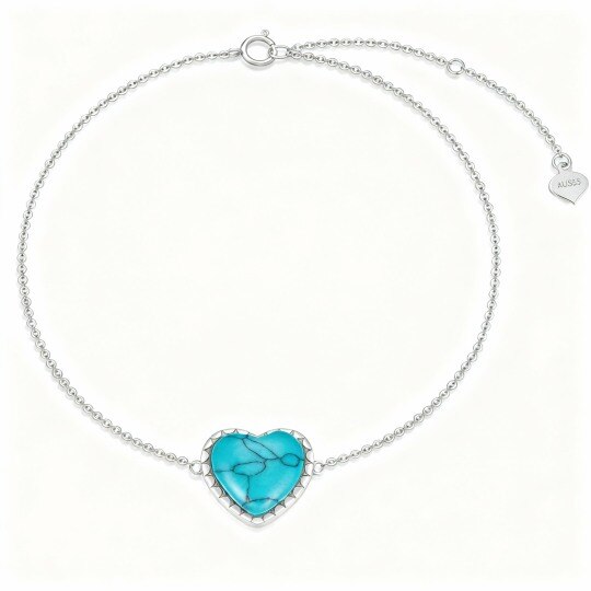 Bracelet en or blanc 10 carats avec breloque cœur turquoise taille cœur