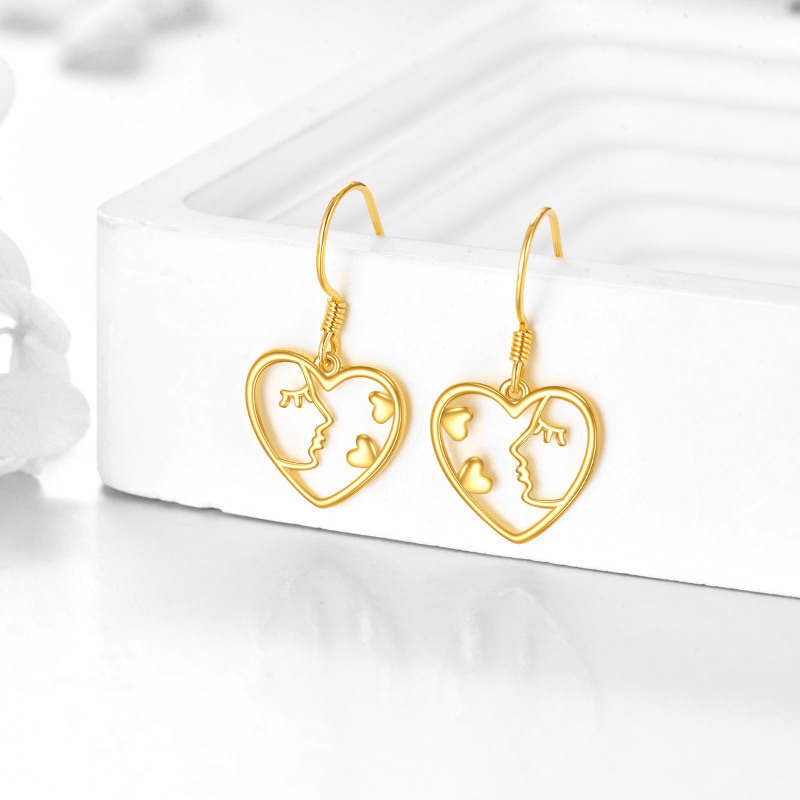 Boucles d'oreilles pendantes en or jaune 10 carats, en forme de cœur et de visage de femme-3