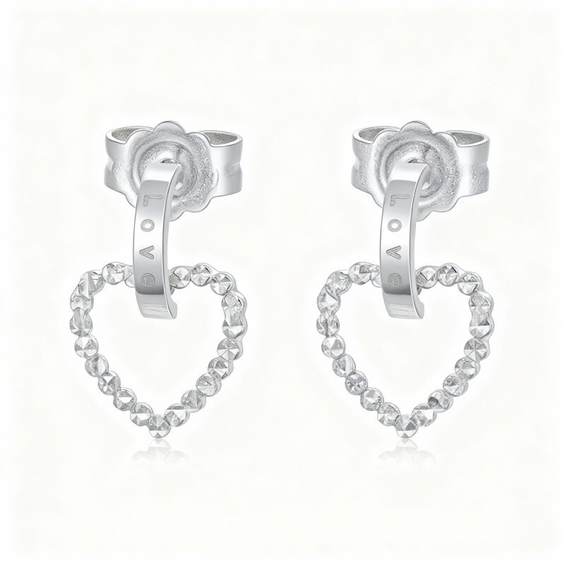 Boucles d'oreilles pendantes en platine plaqué or blanc en forme de cœur avec inscription gravée-1