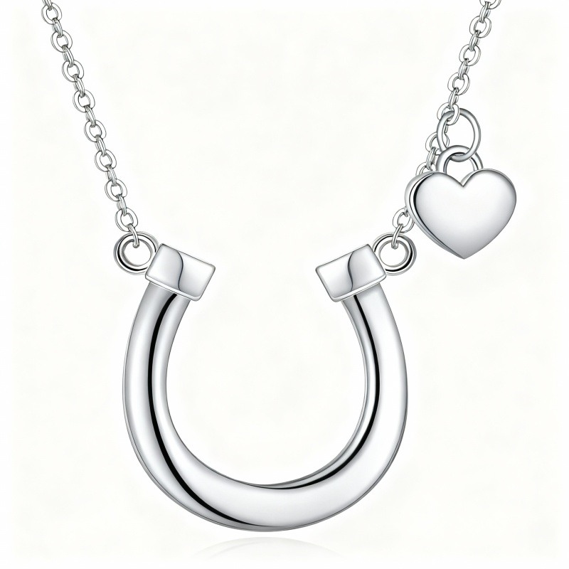 Collar con colgante de corazón y herradura de oro blanco de 14 quilates-1