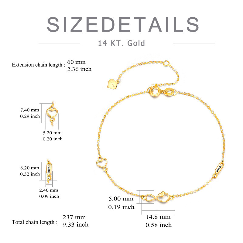 Pulsera con dije de corazón y símbolo de infinito de oro de 14 quilates-4