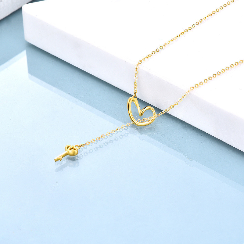 Collar ajustable en forma de Y con corazón y llave de oro de 18 quilates-3
