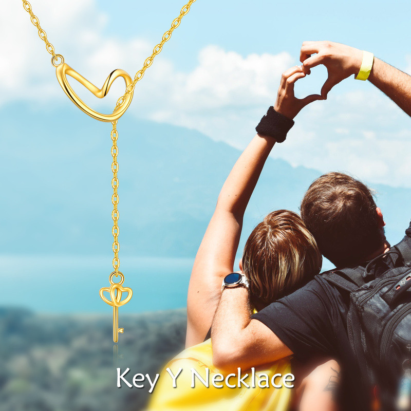 Collar ajustable en forma de Y con corazón y llave de oro de 18 quilates-5