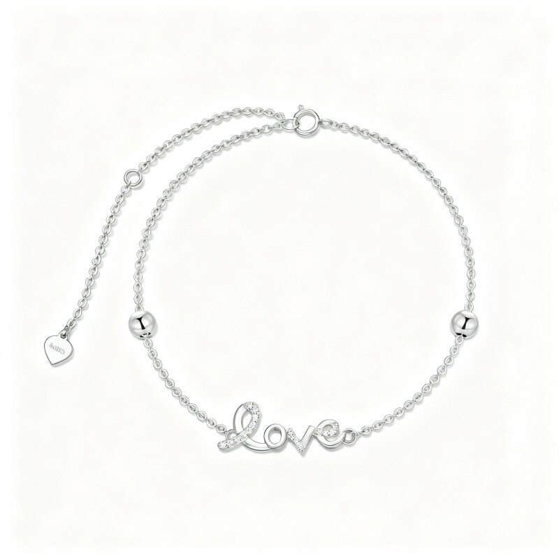 Pulsera de cuentas de metal con forma de corazón en oro blanco de 18 quilates con palabra grabada-1