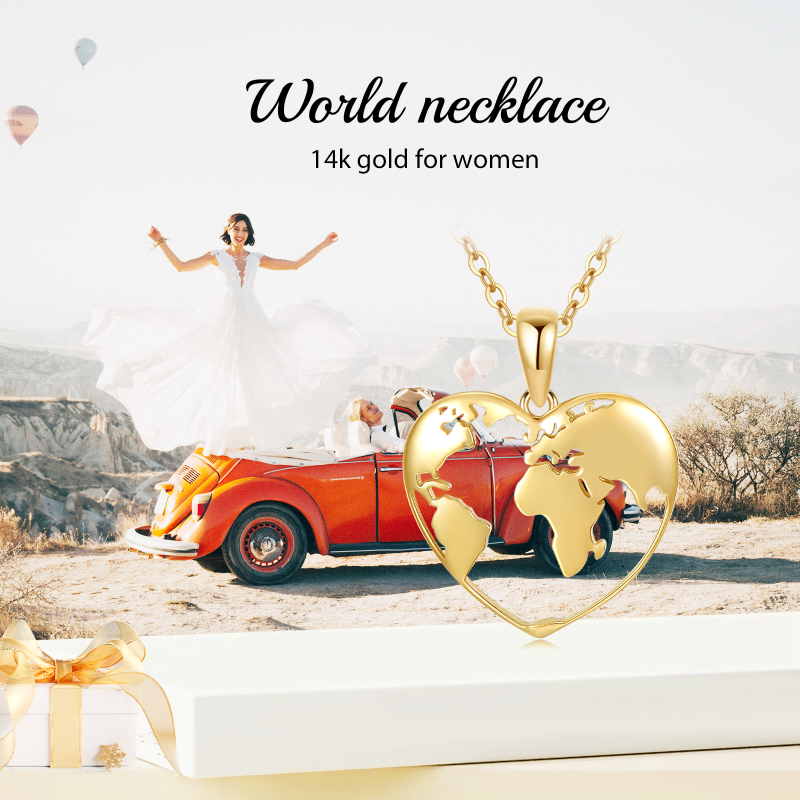 Collar con colgante de mapa en forma de corazón de oro de 14 quilates-6