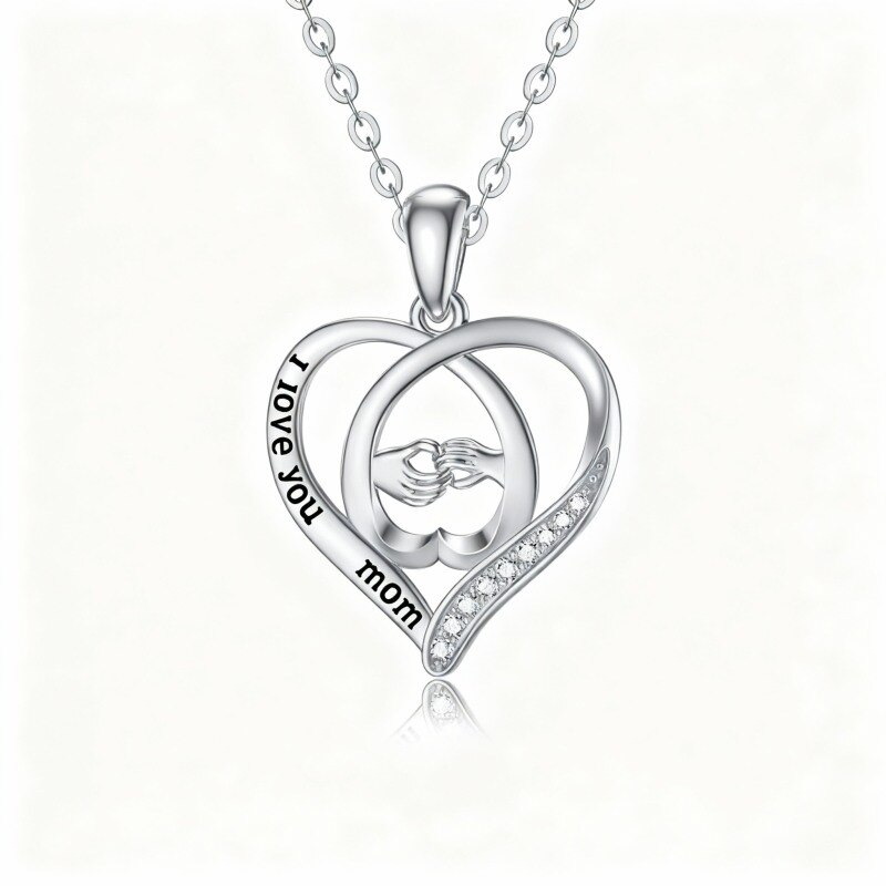 Collar con colgante de corazón de oro blanco de 14 quilates con palabra grabada-1