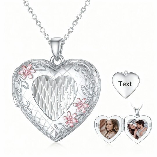Collar con medallón de oro blanco de 10 quilates en forma de corazón con foto personalizada y palabra grabada