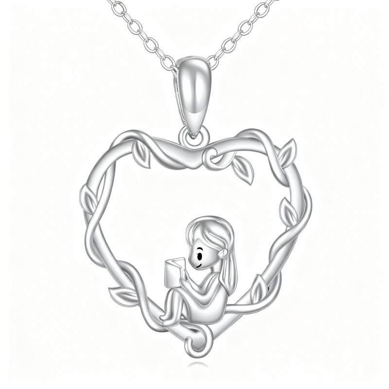 Collar con colgante de corazón y niña leyendo en oro blanco de 18 quilates-1