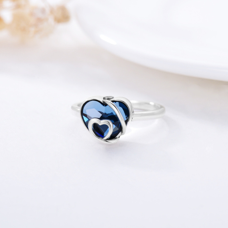 9K White Gold Heart Shaped Crystal Heart Ring with Engraved Word-4