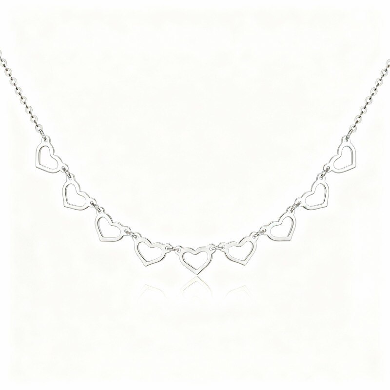 18K White Gold Heart With Heart Metal Choker Necklace-1