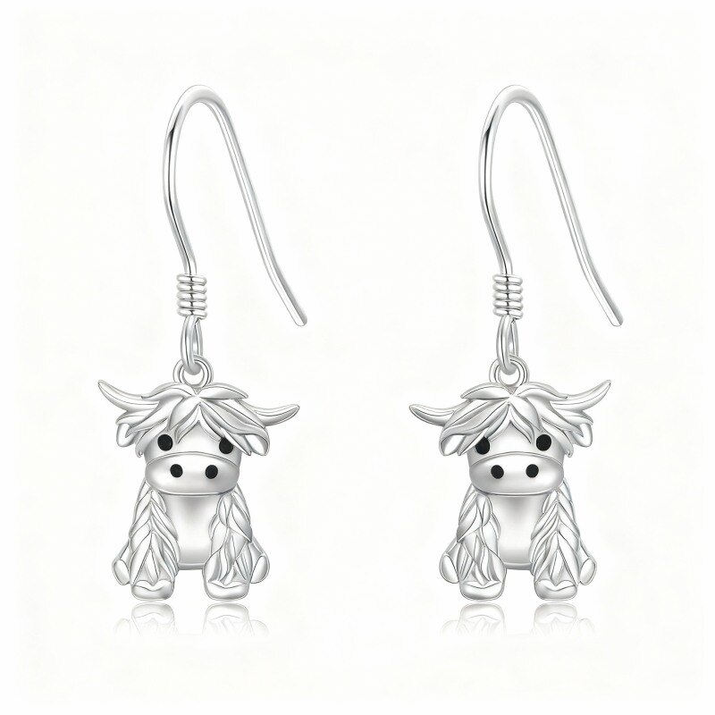 Boucles d'oreilles pendantes vache des Highlands en or blanc 14 carats-1