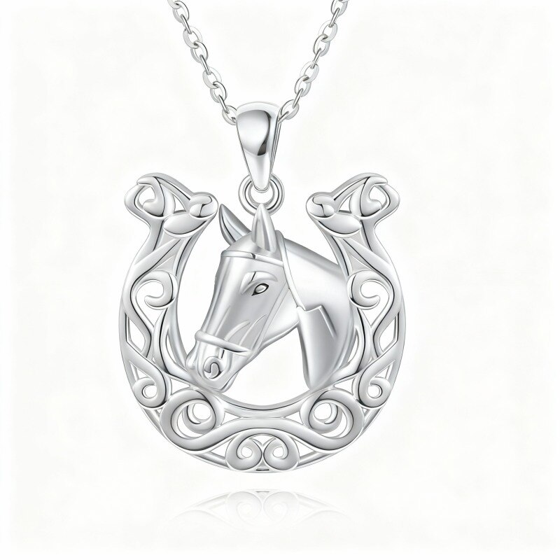 10K White Gold Horse & Horseshoe Pendant Necklace-18