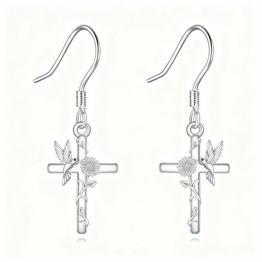 10K White Gold Hummingbird & Cross Drop Earrings