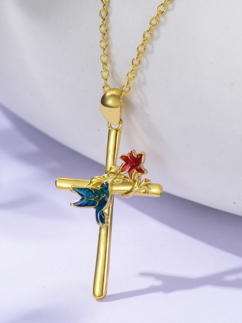Collier pendentif colibri, fleurs sauvages et croix en or 14 carats-3