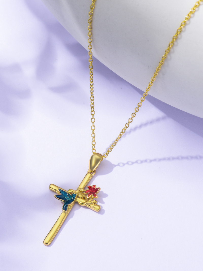 Collier pendentif colibri, fleurs sauvages et croix en or 14 carats-4