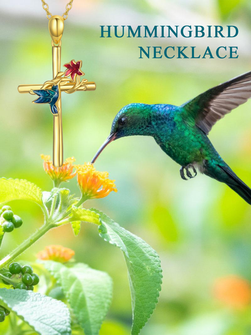 Collier pendentif colibri, fleurs sauvages et croix en or 14 carats-5