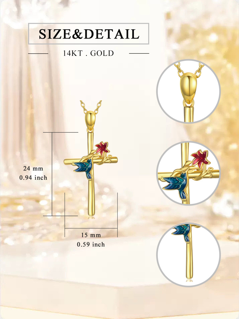 Collier pendentif colibri, fleurs sauvages et croix en or 14 carats-6