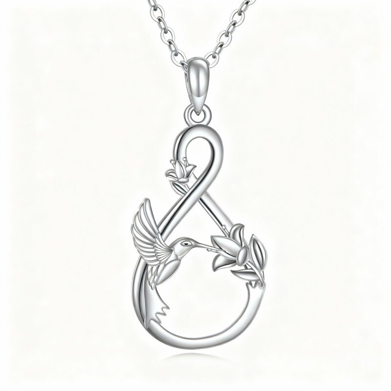 Collier pendentif colibri et symbole de l'infini en or blanc 10 carats-16